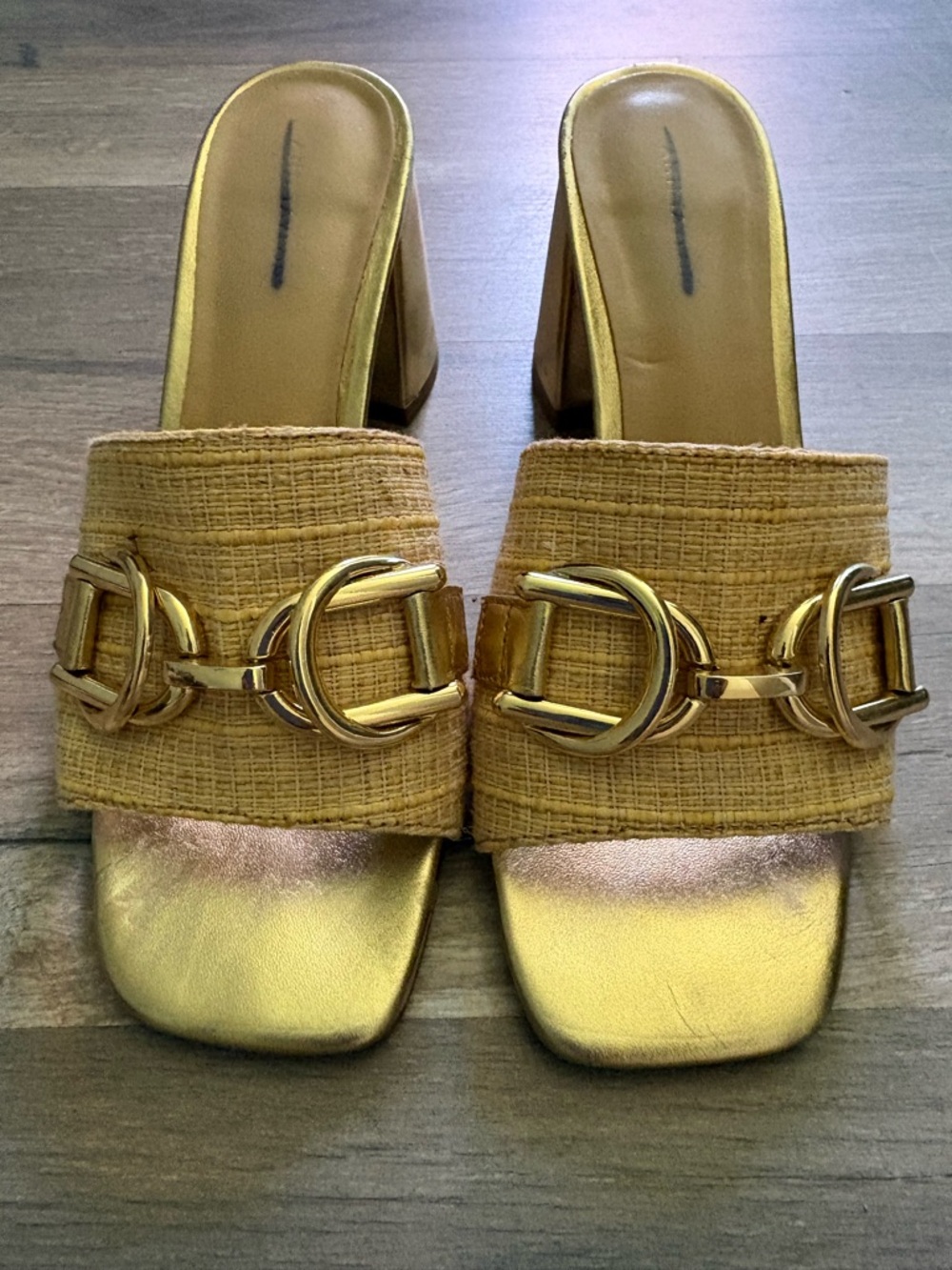 Gold-Tone Mule Sandals with Textured Wheat Strap